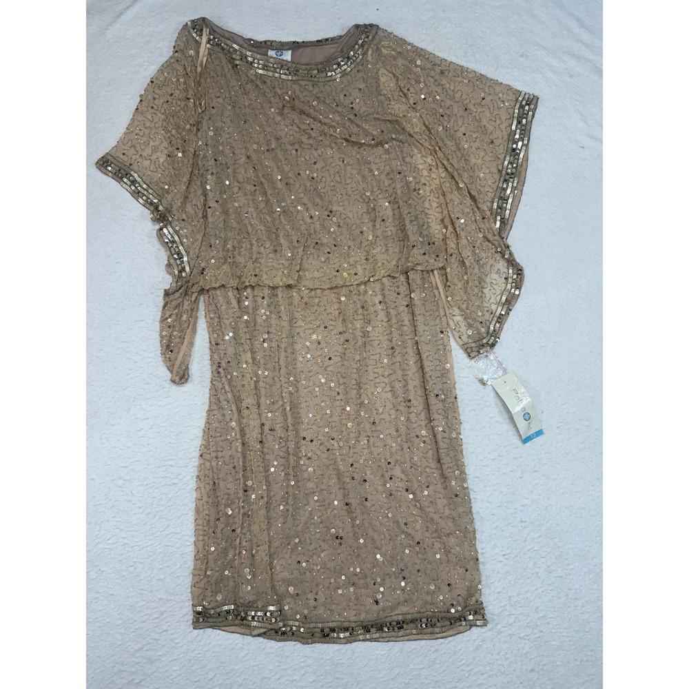 Patra Sequin Capelet Cocktail Dress Champagne Tan Beaded Size 12 NEW